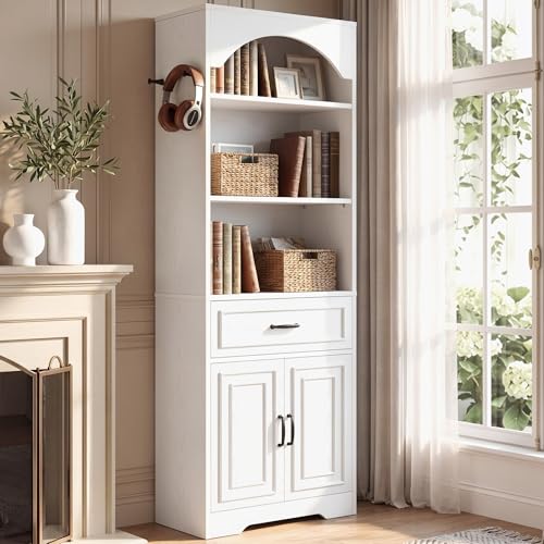 IRONCK Bookshelf, 6 Tiers Bookcase with Storage Cabinet and Drawer, 71" Display Storage Shelves with Side Hooks for Living Room, Home Office