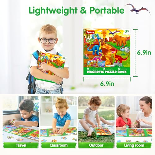 SYNARRY Dinosaur Magnetic Puzzles for Toddlers 3-5, 20 Pieces Travel Puzzles for Kids Ages 4-6, Easter Basket Stuffers Gifts for Kids, Car Airplane Road Trip Activities Magnet Games Toy - style: Dinosaur