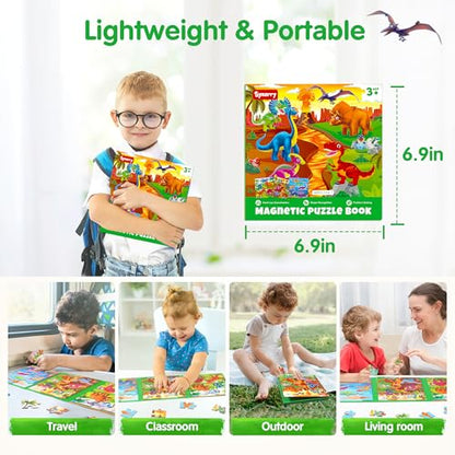 SYNARRY Dinosaur Magnetic Puzzles for Toddlers 3-5, 20 Pieces Travel Puzzles for Kids Ages 4-6, Easter Basket Stuffers Gifts for Kids, Car Airplane Road Trip Activities Magnet Games Toy - style: Dinosaur