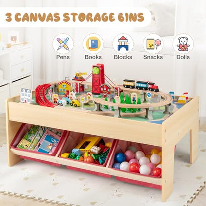 Costzon Train Table, 3-in-1 Wooden Activity Table W/ 3 Storage Bins, Reversible 94 PCS Track Train Toys & Table Map for Building, Playing, Studying, Eating, Kids Train Set Table for Boys Girls Aged 3+ - size: 36" x 25" x 15.5" (L x W x H)