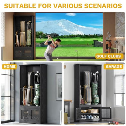 DWVO Golf Bag Organizer - Stylish Wooden Storage Cabinet for Garage & Home, Holds 2 Golf Bags with Turf Mat Protection