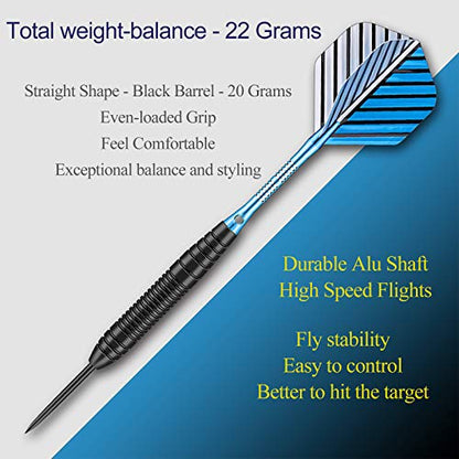Darts Metal Tip Set - 3 Pack Professional 22 Grams Steel Tip Darts with Slim Case Black Purple Blue Aluminum Shafts 9 Flights 50 Rubber O'Rings 1 Dart Sharpener 12 Spring Rings - color: 22 Grams - blue