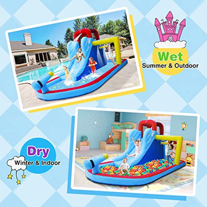 JOYLDIAS Inflatable Bounce House, Water Slide Bouncer Playhouse Castle w/Splash Pool, Climbing Wall, Basketball Hoop & Carry Bag, 480W Air Blower for Kids Backyard Indoor Outdoor Use, Free Water Gun - color: 3 in 1