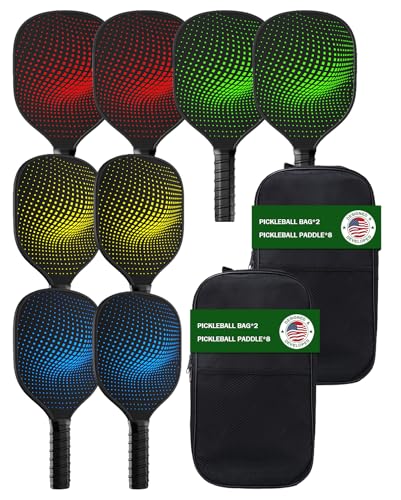 8-Pack Pickleball Paddles Set - Wooden Rackets with Fiberglass Surface & Polypropylene Honeycomb Core, Includes 2 Portable Carry Bags for Indoor/Outdoor Play