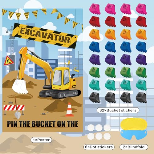 Hooqict Pin The Bucket on The Excavator Construction Party Games for Kids Birthday Pin the Games Construction Party Decorations Supplies, Large Excavator Poster with 32 Stickers - style: Excavator