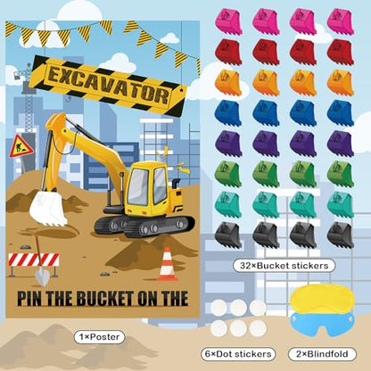 Hooqict Pin The Bucket on The Excavator Construction Party Games for Kids Birthday Pin the Games Construction Party Decorations Supplies, Large Excavator Poster with 32 Stickers - style: Excavator