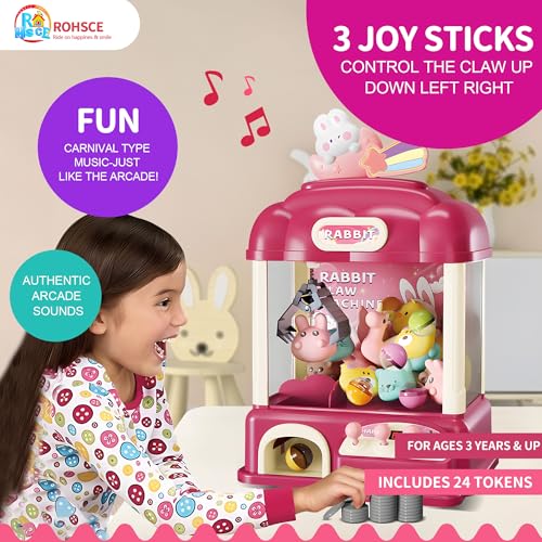 Kids Claw Machine with Toys Inside, Vending Machine Lights & Sound, Electronic Mini Claw Game for Boys & Girls, Birthday & Party Gift, Includes 25 Plush Toys, Surprise Eggs & USB Cable - style: Large Bunny Wonder