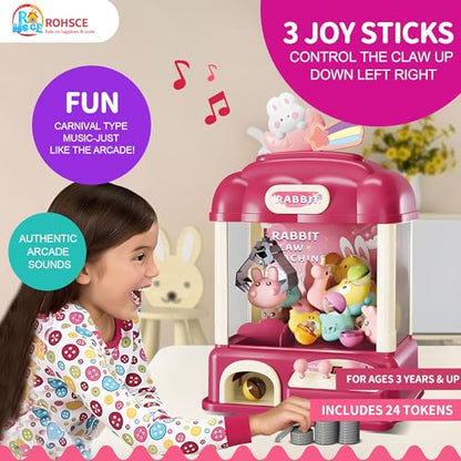 Kids Claw Machine with Toys Inside, Vending Machine Lights & Sound, Electronic Mini Claw Game for Boys & Girls, Birthday & Party Gift, Includes 25 Plush Toys, Surprise Eggs & USB Cable - style: Large Bunny Wonder