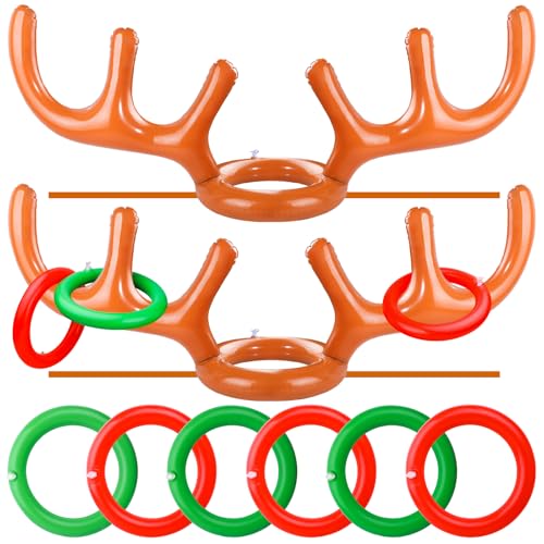 2 Set Inflatable Reindeer Antler Ring Toss Game for Christmas, with 2 Antlers and 8 Rings, Indoor Outdor Game Hats Family Christmas for Teens Adults, Fun Xmas Gifts