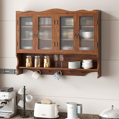 Retro Style Haze Three Glass Door Wood Wall Cabinet with Detachable Shelves for Office, Dining Room,Living Room, Kitchen and Bathroom - color: Brown(4)