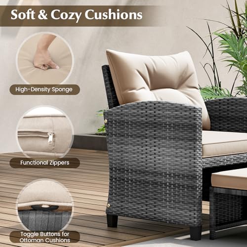 Tangkula 5 Pieces Patio Conversation Set, PE Wicker Rattan Outdoor Furniture Set with 2 Chairs, 2 Ottomans & Tempered Glass Coffee Table, Ideal for Poolside, Backyard, Lawn, Deck, Mix Grey & Beige - color: Mix Grey & Beige