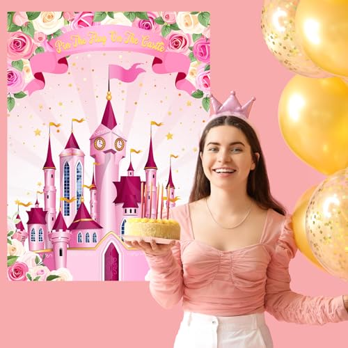 Faccito Princess Party Games Pin The Flag on The Castle Birthday Pin Games Set Include Pink Castle Poster 24 Flag Stickers 2 Blindfolds for Princess Birthday Tea Party Decorations Activities Supplies - style: Princess