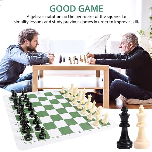 Portable Chess & Checkers Set, 42cm Tournament Chess Mat with Chesses & Storage Bag, PU Leather Tournament Roll Up Chessboard Travel Sets(Color:Green)