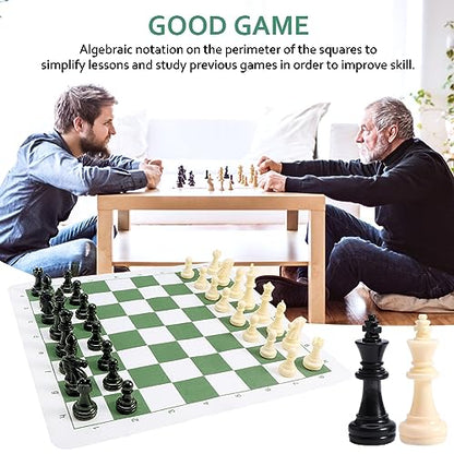 Portable Chess & Checkers Set, 42cm Tournament Chess Mat with Chesses & Storage Bag, PU Leather Tournament Roll Up Chessboard Travel Sets(Color:Green)