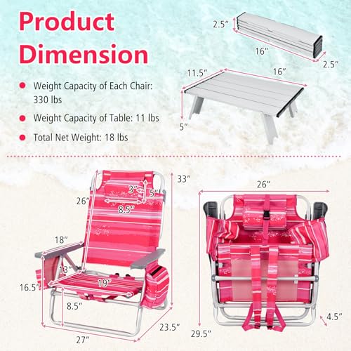 Tangkula Backpack Beach Chair with Table, 5-Position Lay Flat Beach Chairs with Cooler Bag, 2 Cup Holders, Towel Bar, Lightweight Low Folding Beach Chair with Backpack Straps - color: Pink Stripe, style: 2 Pack with Table