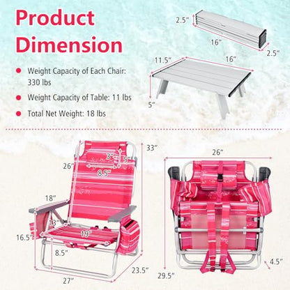 Tangkula Backpack Beach Chair with Table, 5-Position Lay Flat Beach Chairs with Cooler Bag, 2 Cup Holders, Towel Bar, Lightweight Low Folding Beach Chair with Backpack Straps - color: Pink Stripe, style: 2 Pack with Table