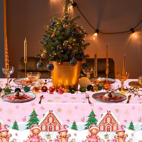 Gingerbread Christmas Tablecloths 3 Pack,Pink Disposable Plastic Christmas Table Covers 54 x 108 Inch with Gingerbread Man,House,Candy Snowflake Holiday Party Decorations - color: Christmas Pink Gingerbread