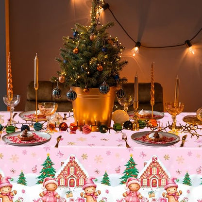Gingerbread Christmas Tablecloths 3 Pack,Pink Disposable Plastic Christmas Table Covers 54 x 108 Inch with Gingerbread Man,House,Candy Snowflake Holiday Party Decorations - color: Christmas Pink Gingerbread