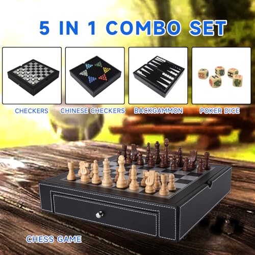 GSE Games & Sports Expert 12.5" Premium Leather 5-in-1 Chess, Checkers, Backgammon, Chinese Checkers, and Poker Dice Board Game Combo Set for Kids & Adults