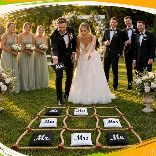 Lunmon Wedding Giant Tic Tac Toe Outdoor Games for Reception 4ft x 4ft Wooden Tic Tac Toss Mr and Mrs Bean Bag, Portable Wedding Yard Games for Backyard Lawn Outdoor Party Guests