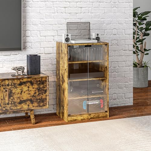 Rustic Brown 4-Shelf Media Stand - Steel-Reinforced MDF, Press-Lock Glass Doors, Adjustable AV Rack for Gaming/TV Gear