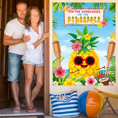 Faccito Hawaiian Party Game Luau Games Summer Tropical Pin the Sunglasses on Pineapple Pin the Coconut on Palm Tree with 24 Pcs Stickers for Tiki Summer Beach Hawaii Luau Party Supplies(Pineapple) - style: Hawaiian
