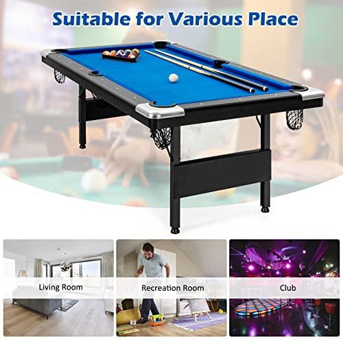 GYMAX Pool Table, 6FT Foldable Billiard Table with Complete Set of Balls, 2 Cue Sticks, Chalk & Felt Brush, Portable Indoor/Outdoor Pool Table for Adults Kids Family Game
