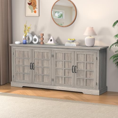 Bigbiglife 70.2" Wood Buffet Cabinet, Farmhouse Buffet Sideboard Cabinet with 4 Doors and Adjustable Shelves, Coffee Bar Wine Bar Storage Cabinet for Kitchen, Living Room, Grey - color: Grey