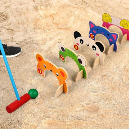 Toddmomy Animal Wooden Croquet Set for Kids - Complete Family Indoor Outdoor Game with 5 Animal Wickets & 2 Mallets - Safe Educational Learning Toy & Gift for Toddlers Boys Girls 3-6