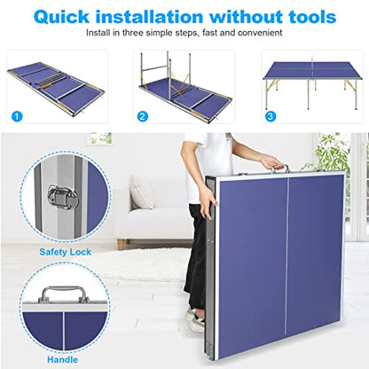 KEIKI 6FT Mid-Size Table Tennis Table, Foldable & Portable Ping Pong Table with 0.5'' MDF Tabletop, Indoor Table Tennis Set with Net, Paddles & Balls, Quick Setup Ping Pong Table for Home, Blue