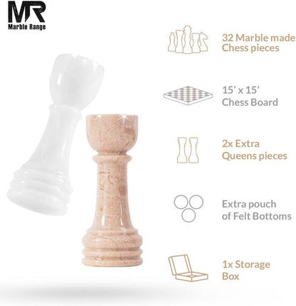 Marble Chess Set 15" Inches Verona and White with Storage Box and 2 Extra Queen Handmade Luxury Board Games for Adults, Ideal Marble Chess Board Game Set & Chess Pieces - color: Verona & White