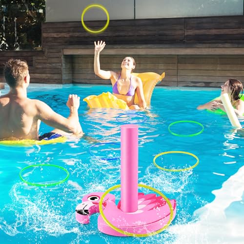 Hiboom Pool Ring Toss Games Toys, Swimming Pool Games for Adults and Family with 6 Pcs Throwing Rings, Water Foam Toss Float Toys for Summer Outdoor, Beach, Yard, Party(Flamingos) - style: Flamingos