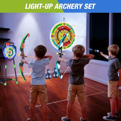 HYES 2 Pack Kids Bow and Arrow with 29" Large Dart Board, LED Light Up Archery Set with 24 Suction Cup Arrows, Indoor Outdoor Sport Toys Gifts for 3 4 5 6 7 8 9 10 11 12 Year Old Boys Girls - size: 2 pack-led dartboard target