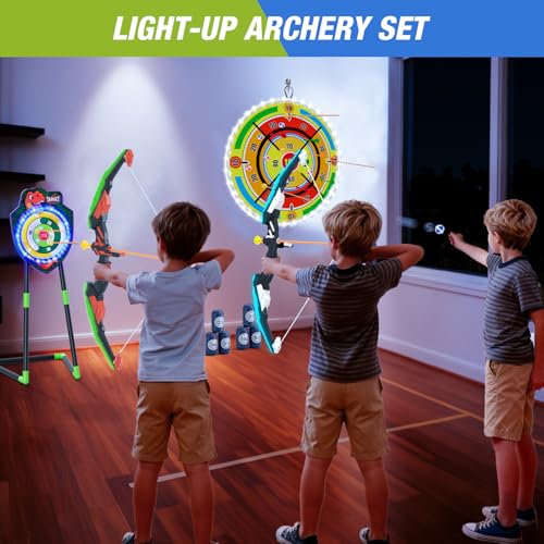 HYES 2 Pack Kids Bow and Arrow with 29" Large Dart Board, LED Light Up Archery Set with 24 Suction Cup Arrows, Indoor Outdoor Sport Toys Gifts for 3 4 5 6 7 8 9 10 11 12 Year Old Boys Girls - size: 2 pack-led dartboard target
