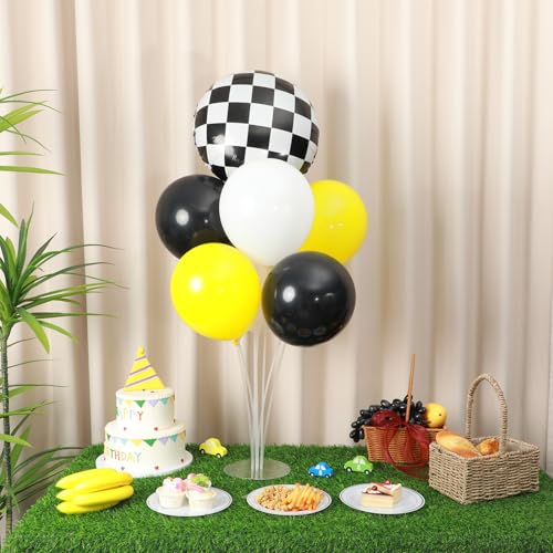 Smile Party Balloons Stand Kit 2 Sets with 2 Black White Checkered Foil Balloons Happy Face Themed Party Balloon Centerpiece for Tables for Baby Birthday Party Yellow Smile Face Themed Decorations - style: Smile