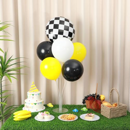 Smile Party Balloons Stand Kit 2 Sets with 2 Black White Checkered Foil Balloons Happy Face Themed Party Balloon Centerpiece for Tables for Baby Birthday Party Yellow Smile Face Themed Decorations - style: Smile