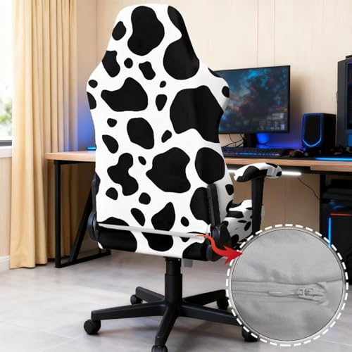 Gaming Chair Cover Stretch Washable Office Computer Desk Chairs Covers with 2 Pcs Armrest Cover, Armchair Slipcover with Zipper Gamer Room Decor, Black Cow Print White - color: Black Cow Print White