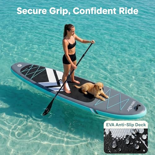 SereneLife 10’6” Inflatable Stand Up Paddle Board with Premium SUP Accessories - 32” Wide Stable Design with Non-Slip EVA Deck Pad, for Youth and Adults, 350 lbs. Capacity - color: White
