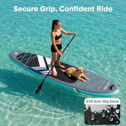 SereneLife 10’6” Inflatable Stand Up Paddle Board with Premium SUP Accessories - 32” Wide Stable Design with Non-Slip EVA Deck Pad, for Youth and Adults, 350 lbs. Capacity - color: White