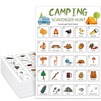 Hoolerry 30 Pcs Scavenger Hunt for Kids Road Trip Game Car Spring Summer Wedding Scavenger Hunt Cards Travel Activities Camping Games Outdoor Indoor Seek Activity for Kids Adults (Camping) - style: Camping