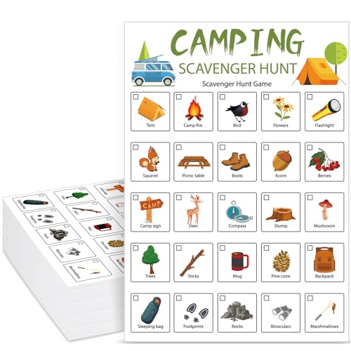 Hoolerry 30 Pcs Scavenger Hunt for Kids Road Trip Game Car Spring Summer Wedding Scavenger Hunt Cards Travel Activities Camping Games Outdoor Indoor Seek Activity for Kids Adults (Camping) - style: Camping
