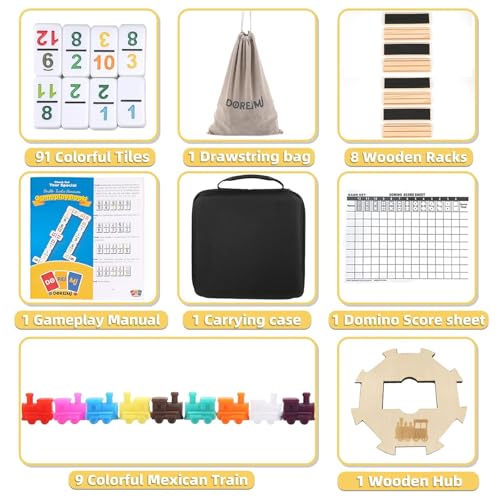 Doreimi Mexican Train Dominoes Set with Numbers and 8 Wooden Holders, Double 12 Dominos Set for Kids, Adults Travel Domino Train with 91 Tiles and Upgrated Hub, Classic Board Games for Family Night - style: Number+8 Racks+Wooden Hub