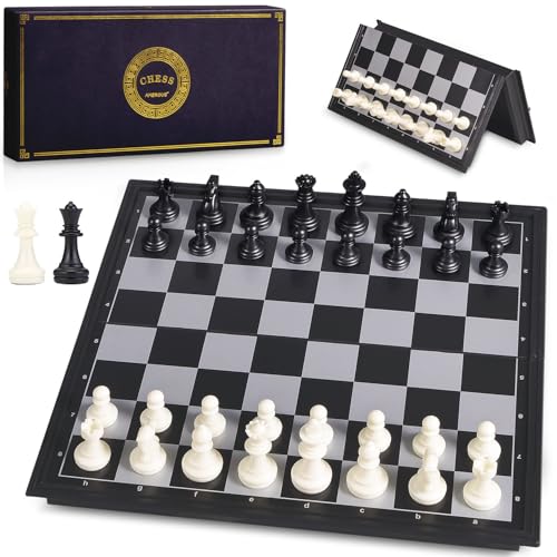 AMEROUS 10 Inches Magnetic Travel Chess Set with Folding Chess Board - 2 Extra Queens - Instructions for Beginner, Kids and Adults