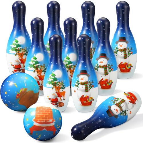 Libima 12 Pcs Christmas Bowling Set Santa Claus Snowman Bowling Set 10 Soft Foam Bowling Pins 2 Bowling Balls Set Toy Bowling Set for Game Indoor Outdoor Xmas Party Supplies - color: Blue, style: Snow