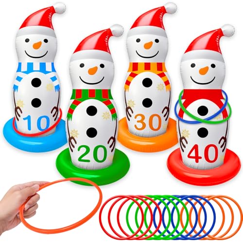 Christmas Ring Toss Game Inflatable Snowman Christmas Party Games for Kids Family Adults Xmas Activities Supplies Decoration Indoor Outdoor Garden Toys 4 Scoreboard Snowman,12 Plastic Rings Gifts