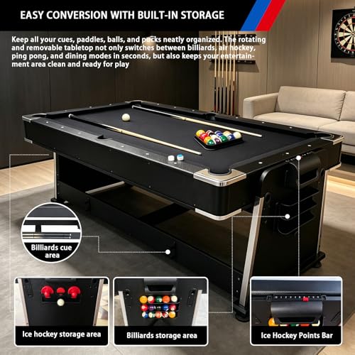Pool Table Dining Table Combo with Ping Pong & Air Hockey Table, 7ft 4-in-1 Multi Game Table, Convertible Billiard Table for Adults Outdoor/Indoor - color: Black