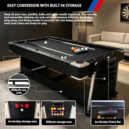 Pool Table Dining Table Combo with Ping Pong & Air Hockey Table, 7ft 4-in-1 Multi Game Table, Convertible Billiard Table for Adults Outdoor/Indoor - color: Black