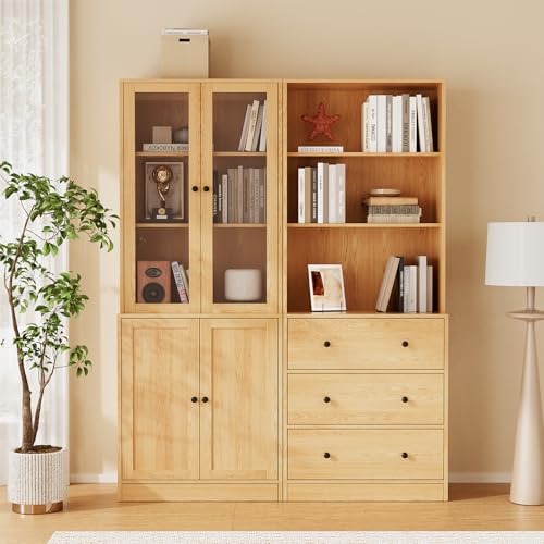 TUSY 71" H Bookshelf with Storage, 6-Tier Modern Bookshelves with 3 Large Drawer, Display Bookcase with Glass Doors, Modern 5-Tier Curio Cabinet for Home Office, Dining Room (Wood, AB) - color: Wood