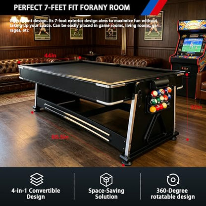 Pool Table Dining Table Combo with Ping Pong & Air Hockey Table, 7ft 4-in-1 Multi Game Table, Convertible Billiard Table for Adults Outdoor/Indoor - color: Black