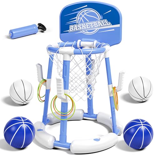 2 in 1 Pool Basketball Hoop with Backboard & Ring Toss Game,Floating Pool Toys with 4 Balls 8 Rings&Pump Summer Water Basketball Indoor Outdoor Toy Gifts Family Party for Kids Age 3-5 4-8 8-12& Adult - size: with backboard